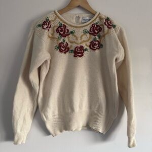 Vintage Principles Ivory Sweater with Burgundy Rose Pattern and Beading
